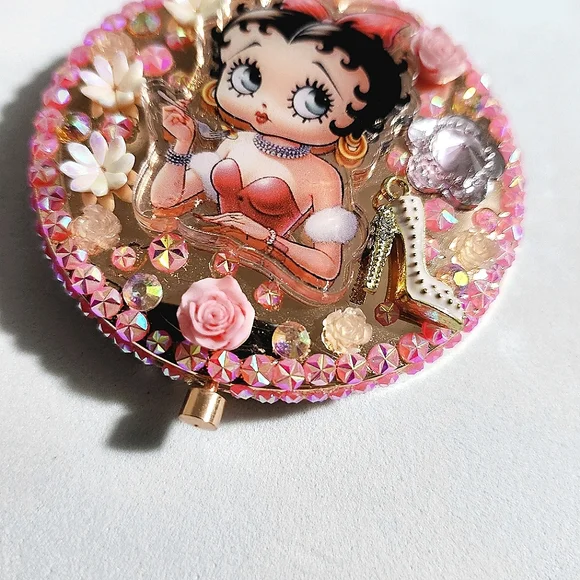 Betty Boop Pocket Hand Held Makeup Mirror Bling Rhinestone Custom Jeweled Pink - Picture 3 of 5